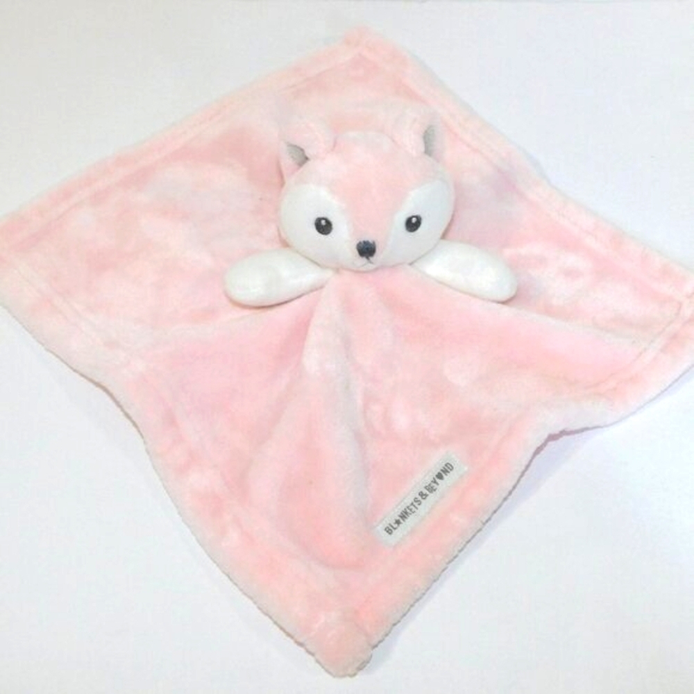Blankets & Beyond Pink White Fox Plush Security Blanket Nunu Baby lovey Sewn Eye
